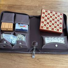 Travel game set (chess, draughts, backgammon, dominoes, cribbage, cards, dice) - unused