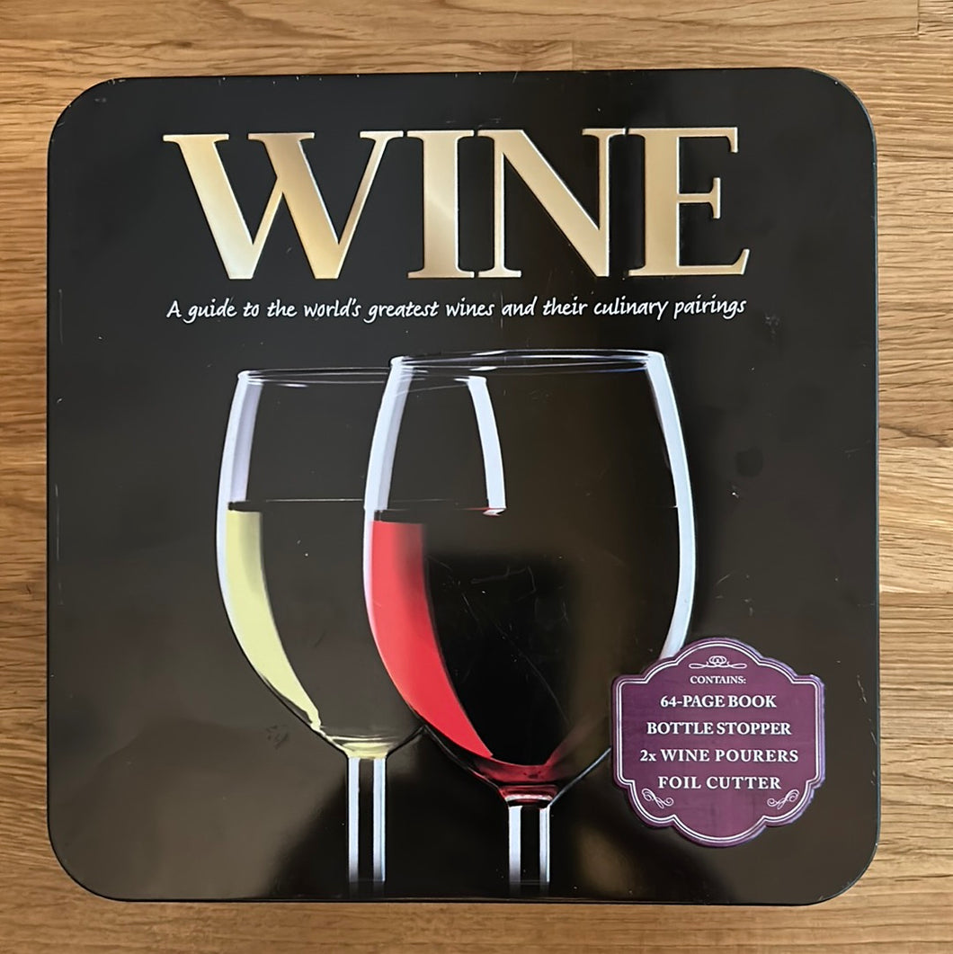 A Tin of Wine - with 64 page book, bottle stopper, 2x Wine Pourers and Foil Cutter - unused