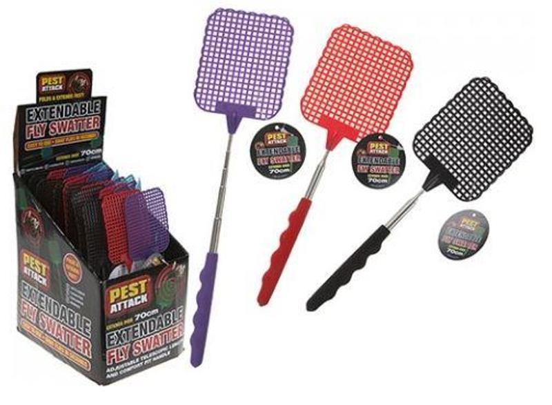 EXTENDABLE FLY SWATTER 70CM ASSORTED COLOURS CDU
