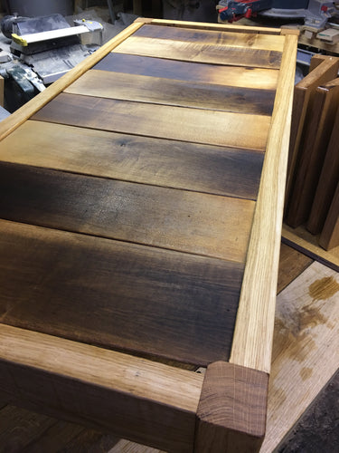 Heavy oak coffee table or 2 seater bench with reclaimed beech sock slats. Oiled. 7727 7783