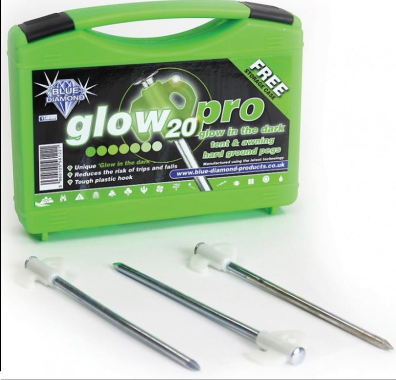Blue diamond Glow Pegs (Green case of 20) - tent and awning hard ground pegs