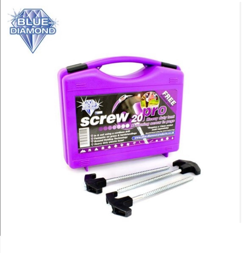 Blue Diamond SCREW PEGS PRO (purple case 20 pegs) - drill in tent and awning pegs